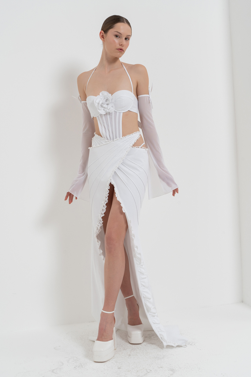 Offwhite Tie-Accent G-String Bodysuit & Gloves & Skirt Set