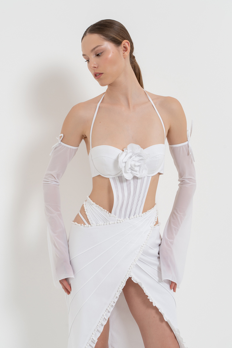 Offwhite Tie-Accent G-String Bodysuit & Gloves & Skirt Set