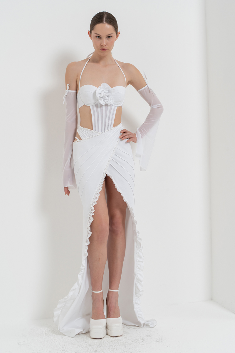 Offwhite Tie-Accent G-String Bodysuit & Gloves & Skirt Set