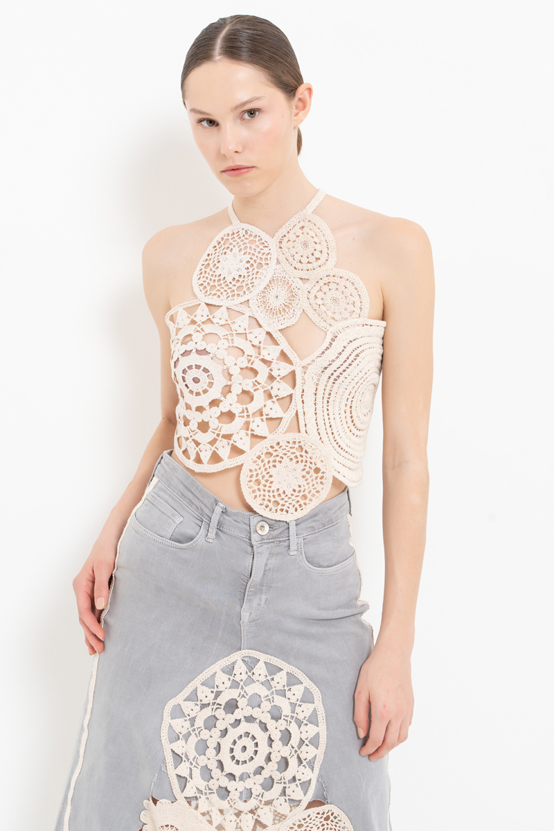 Sand Backless Lace Top