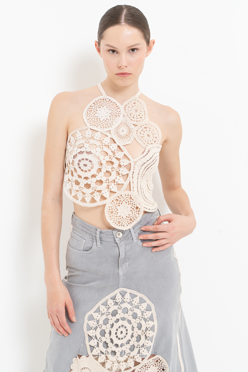 Sand Backless Lace Top