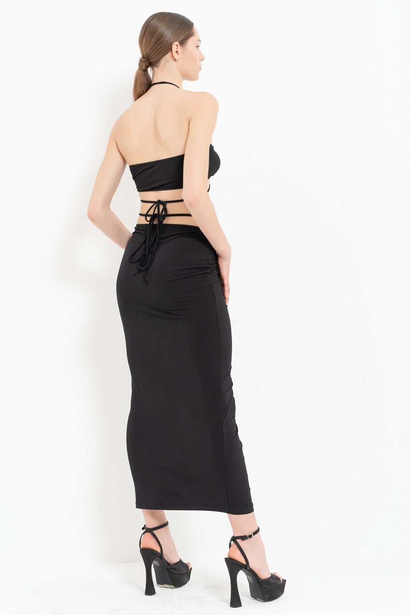Wholesale Black Halter Tube Top & Ruched Maxi Skirt Set