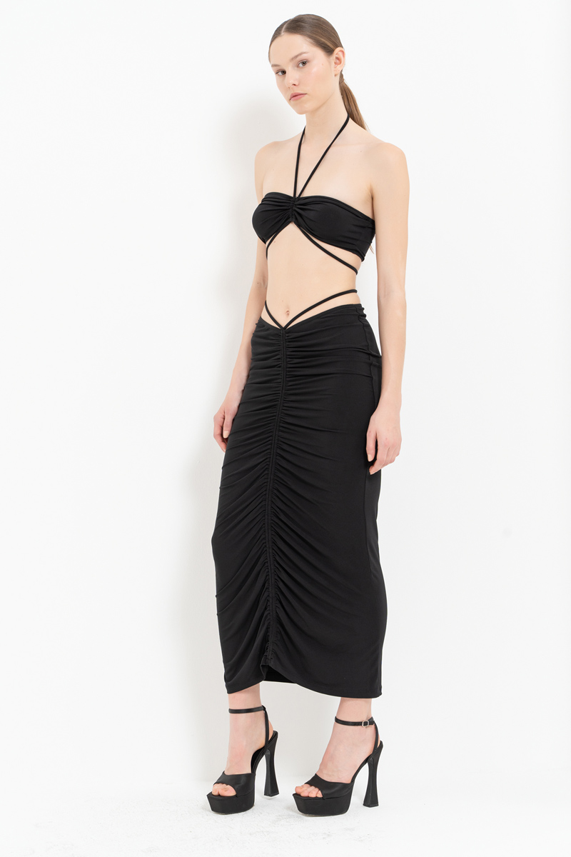 Wholesale Black Halter Tube Top & Ruched Maxi Skirt Set