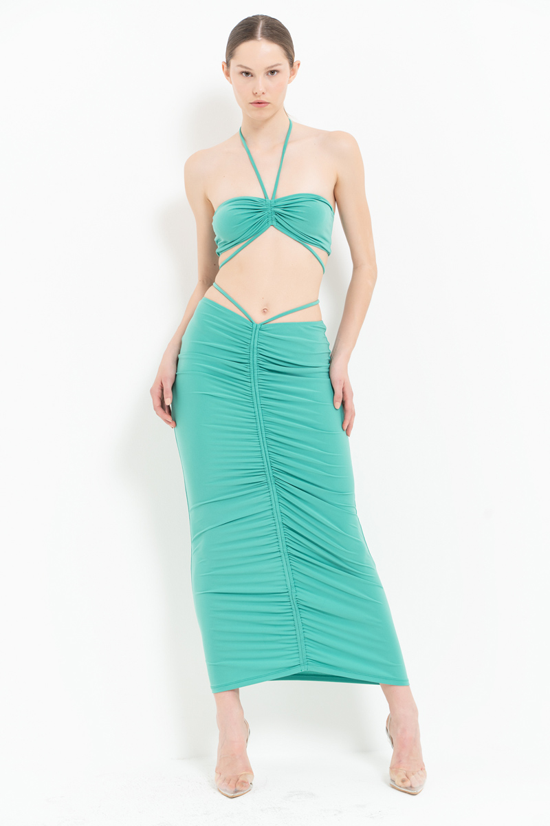 New Green Halter Tube Top & Ruched Maxi Skirt Set