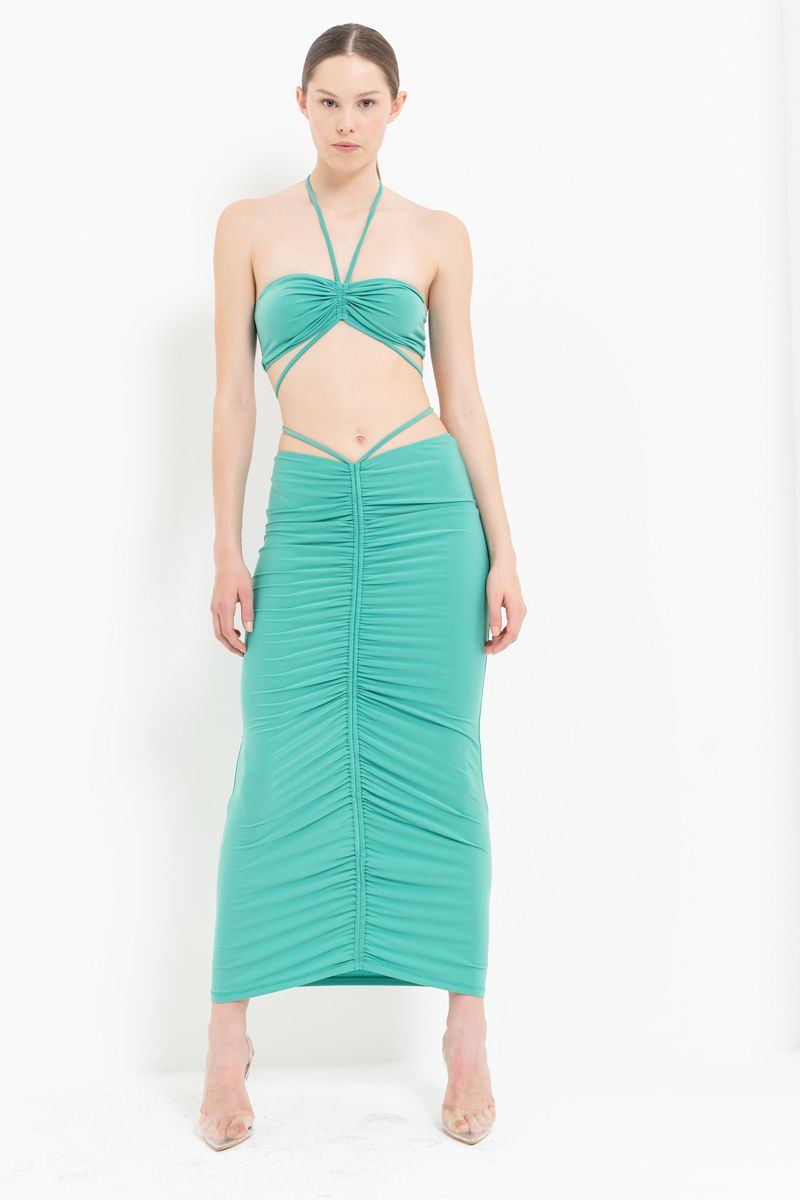 Wholesale New Green Halter Tube Top & Ruched Maxi Skirt Set