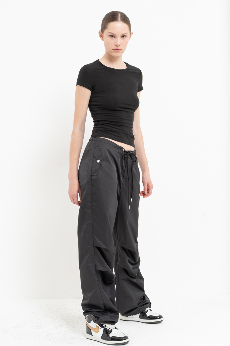 Wholesale Black Pleated-Knee Elasticated Waist Pants