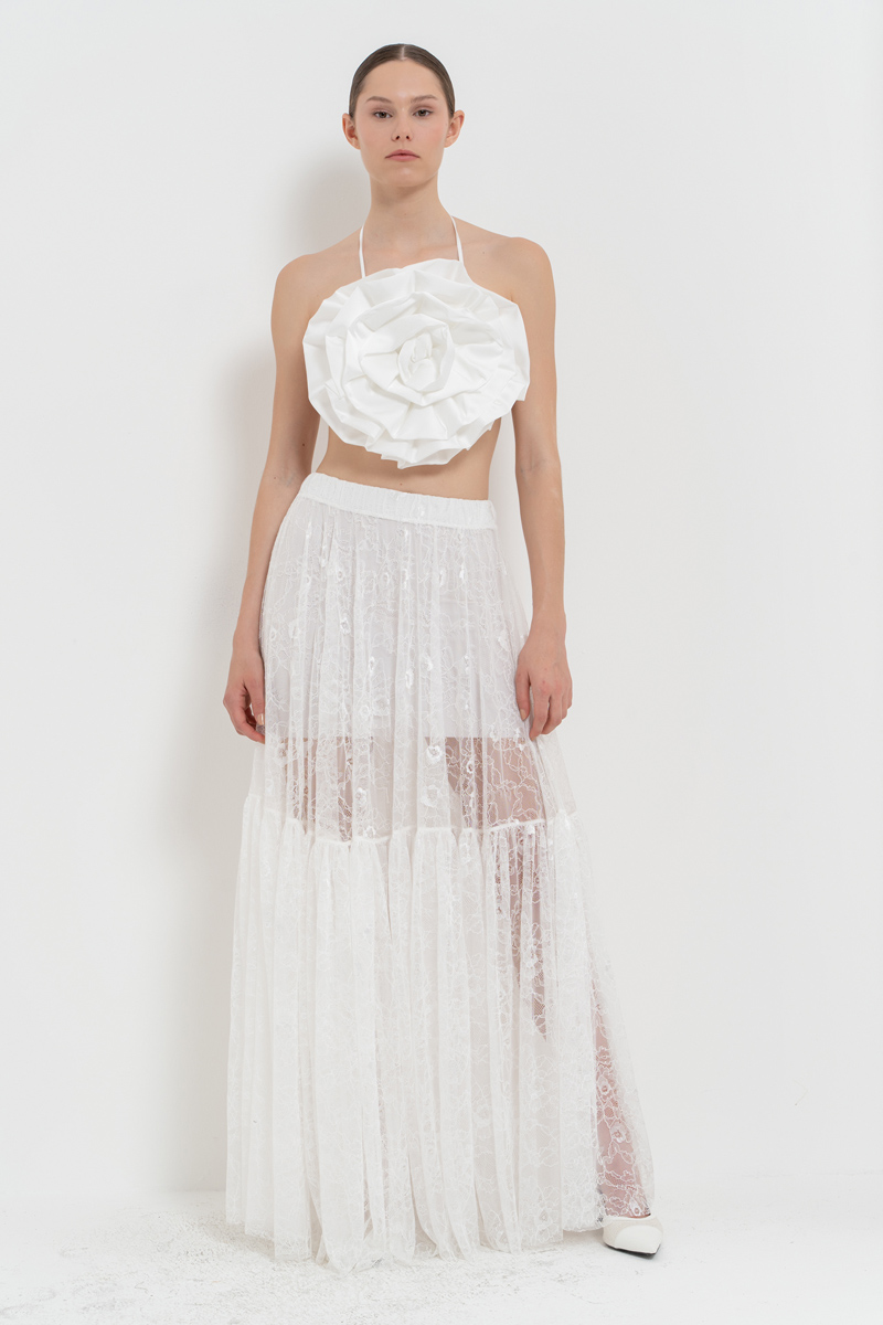 Offwhite Elastic-Waist Lace Maxi Skirt