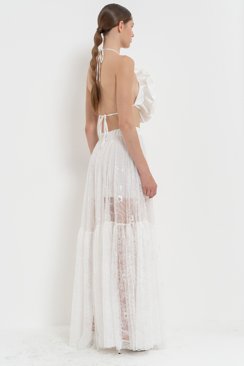 Offwhite Elastic-Waist Lace Maxi Skirt