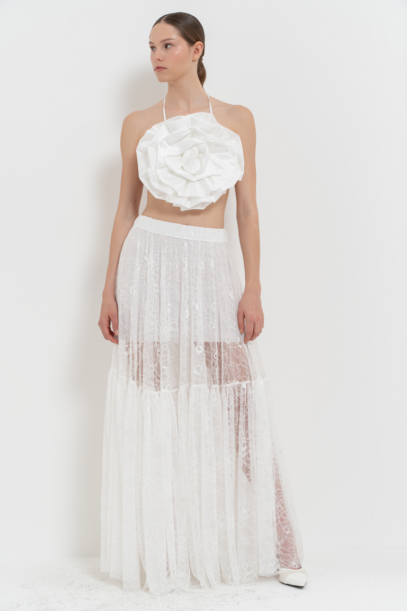 Offwhite Elastic-Waist Lace Maxi Skirt