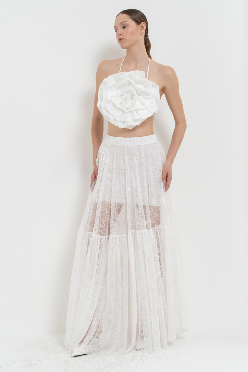 Offwhite Elastic-Waist Lace Maxi Skirt