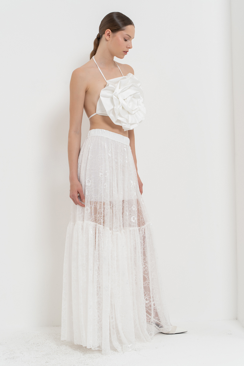 Offwhite Elastic-Waist Lace Maxi Skirt