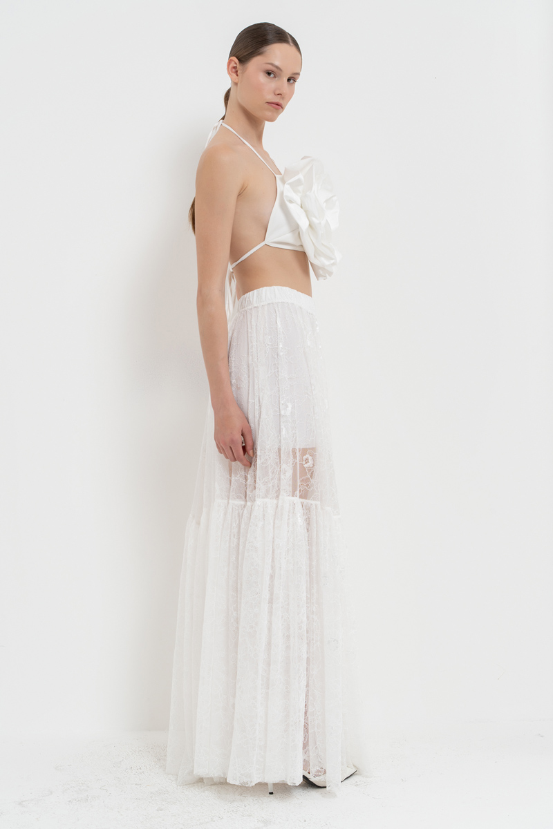 Offwhite Elastic-Waist Lace Maxi Skirt