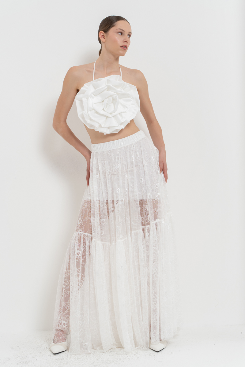 Offwhite Elastic-Waist Lace Maxi Skirt