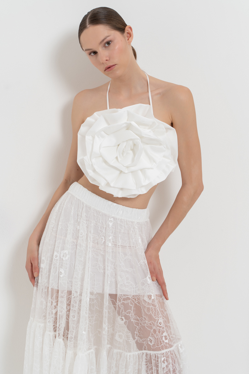 Offwhite Elastic-Waist Lace Maxi Skirt