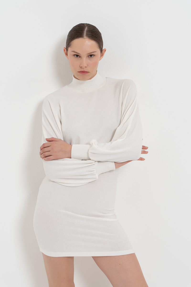Toptan Yarasa Kollu Off white Balıkçı Yaka Mini Elbise