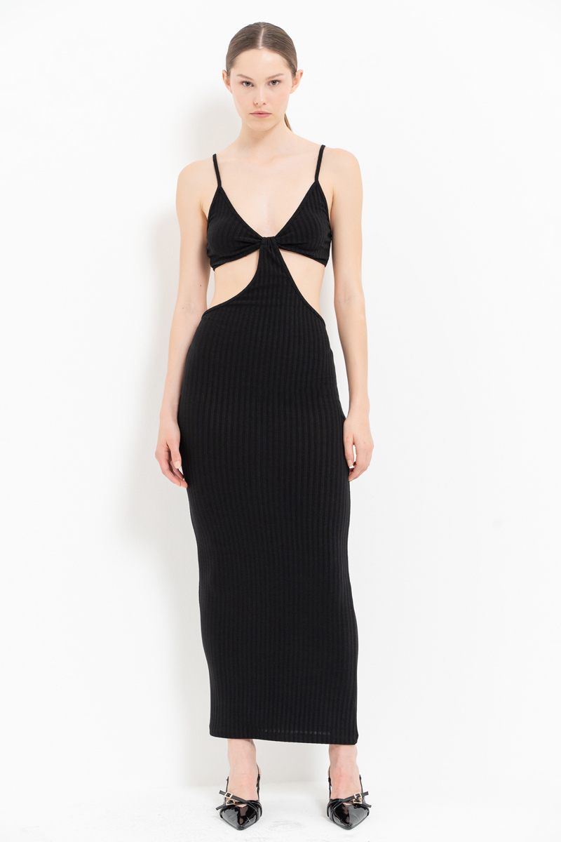 Black Cut Out Belly Ribbed Dress