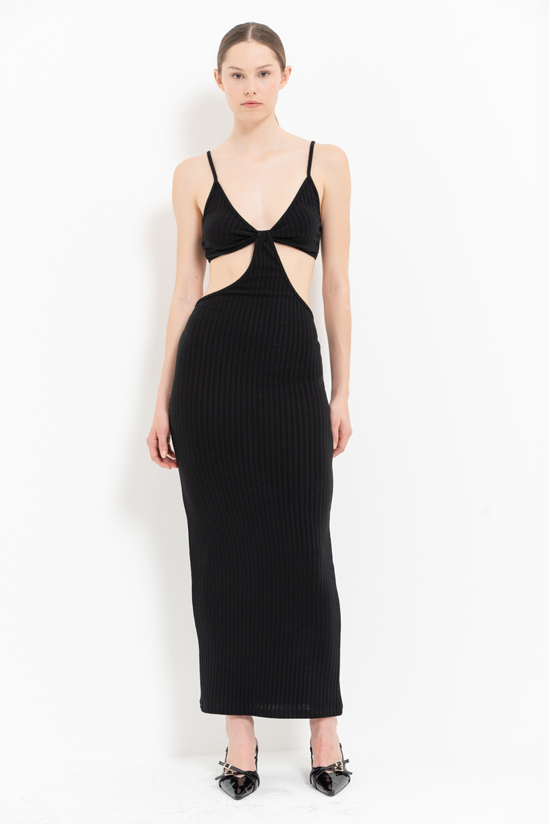 Black Cut Out Belly Ribbed Dress