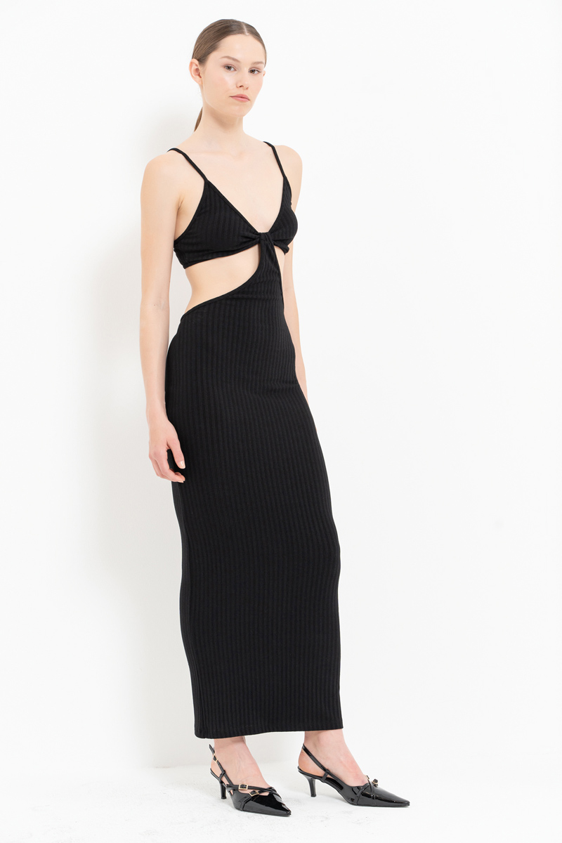 Black Cut Out Belly Ribbed Dress