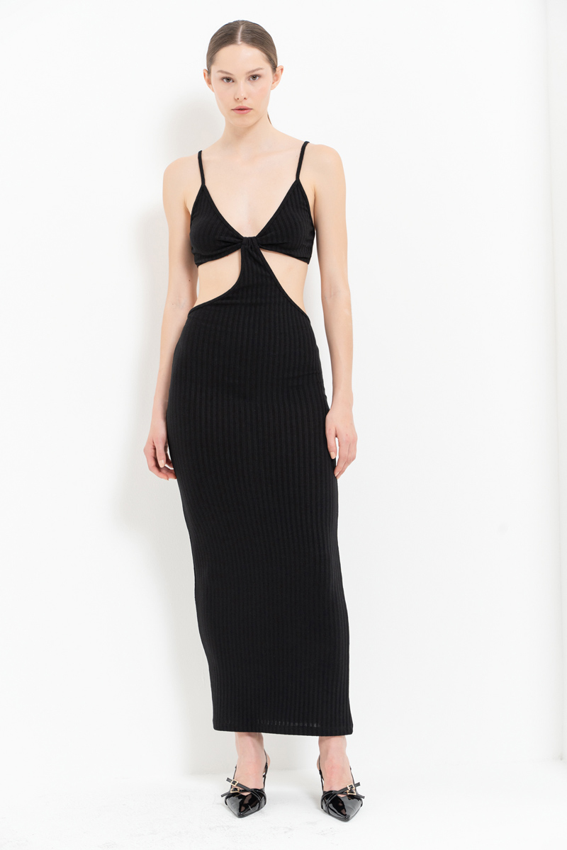 Black Cut Out Belly Ribbed Dress