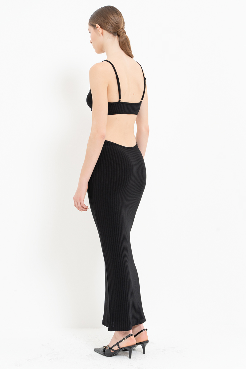 Black Cut Out Belly Ribbed Dress