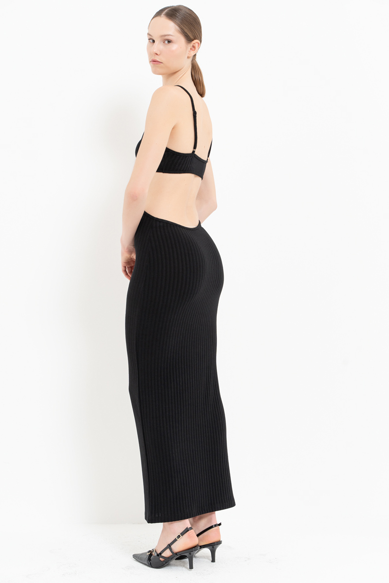 Black Cut Out Belly Ribbed Dress