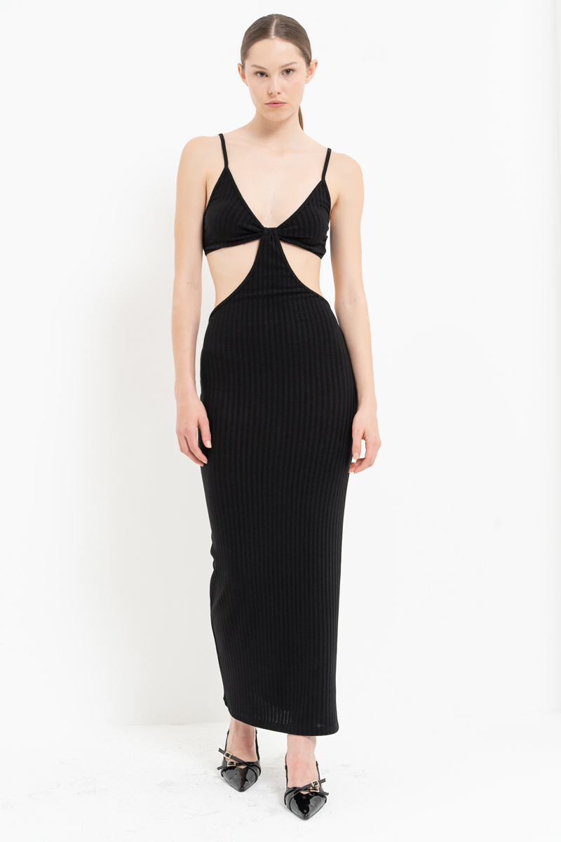 Black Cut Out Belly Ribbed Dress