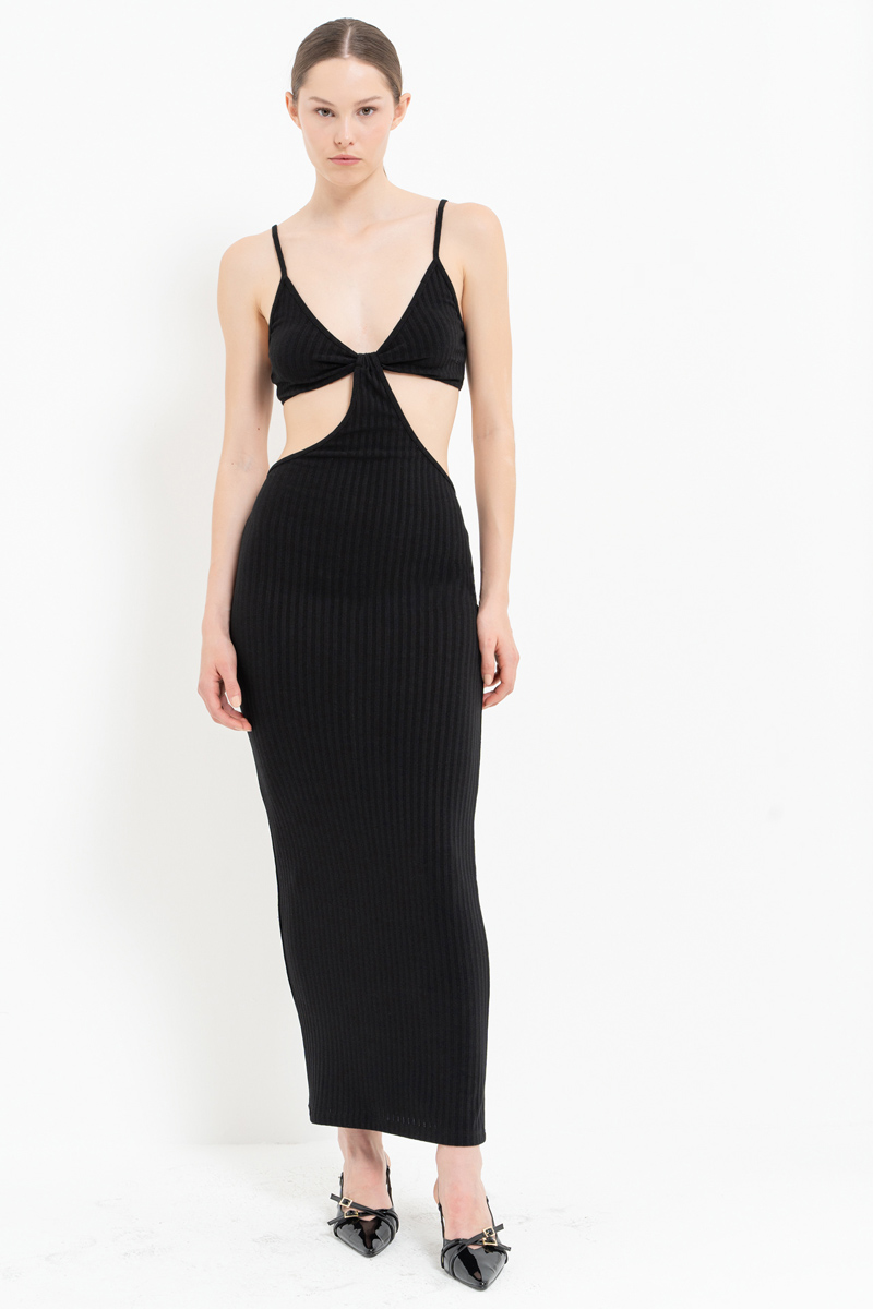 Black Cut Out Belly Ribbed Dress