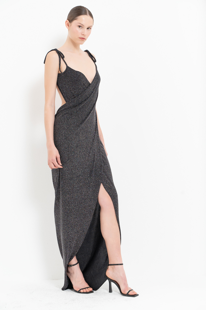 Glittery Black Crossover Cami Dress