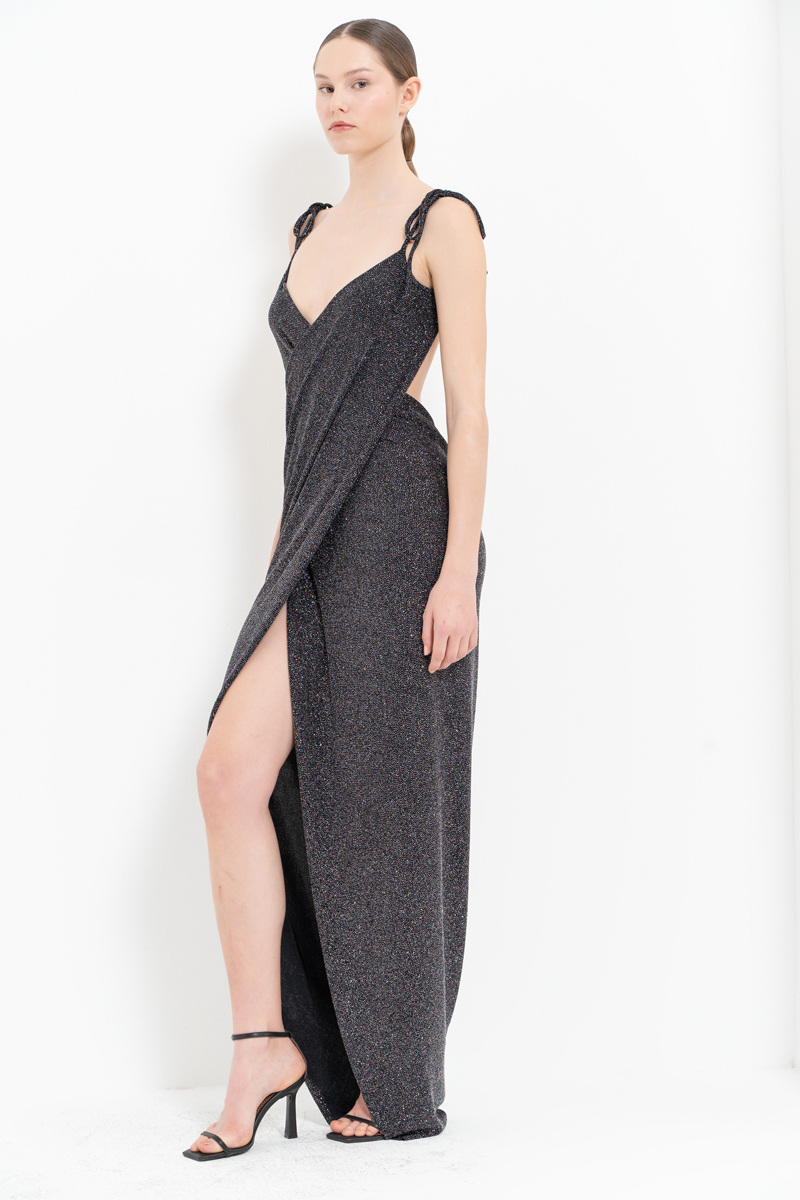 Glittery Black Crossover Cami Dress