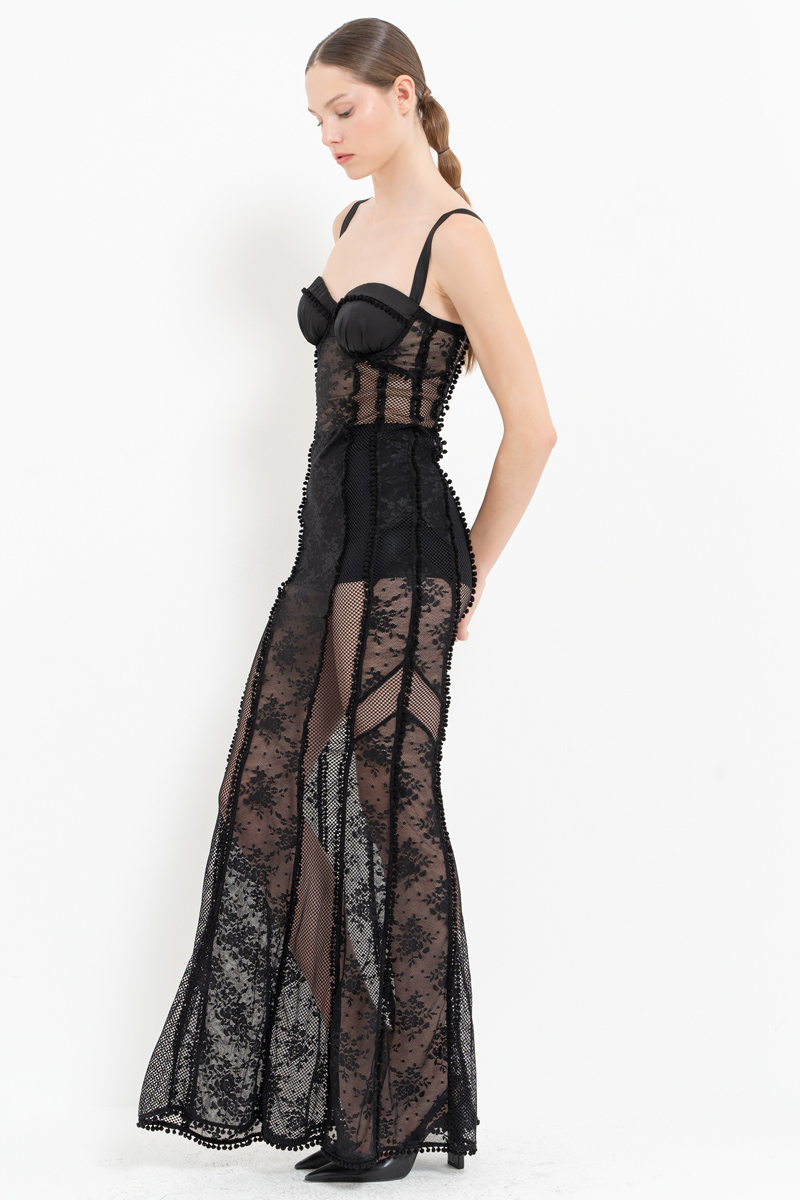 Black Lace-Insert Net Maxi Dress