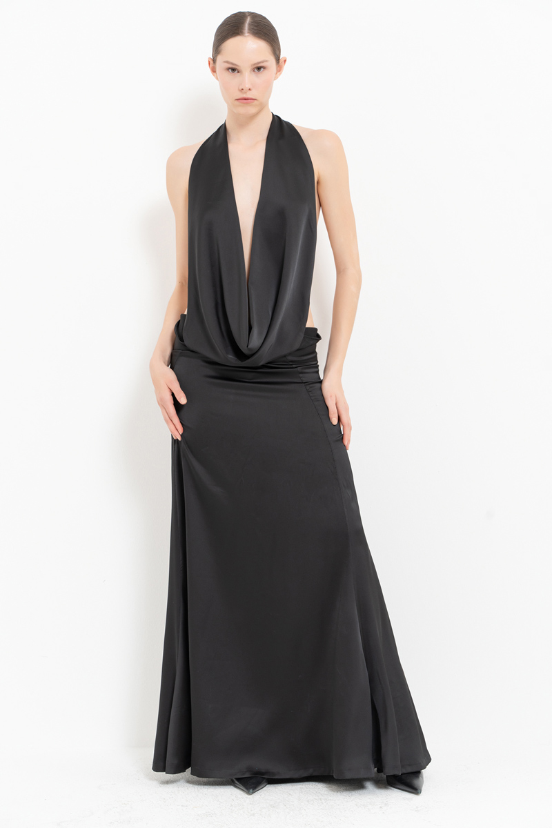 Black Backless Satin Maxi Dress