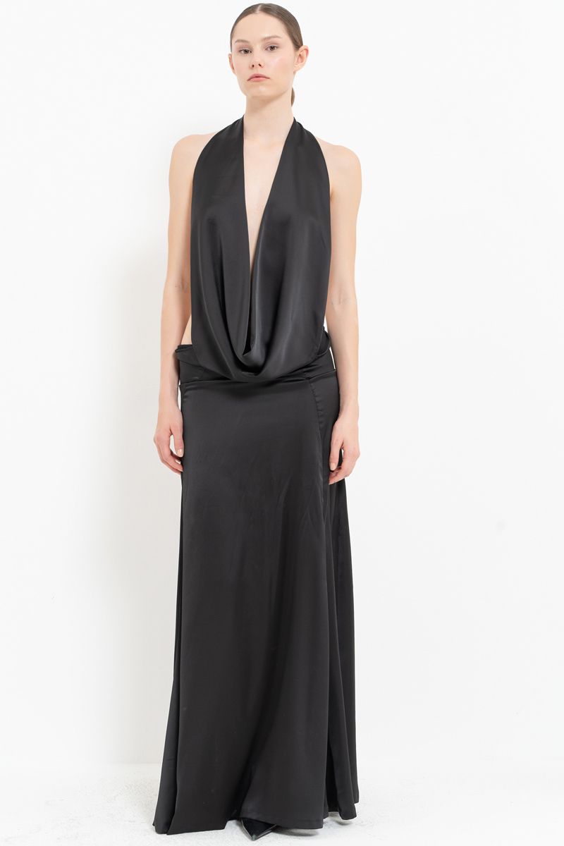 Black Backless Satin Maxi Dress