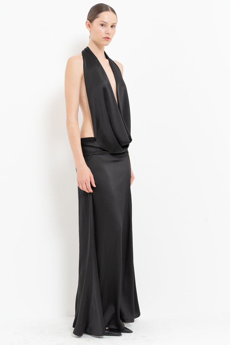 Black Backless Satin Maxi Dress