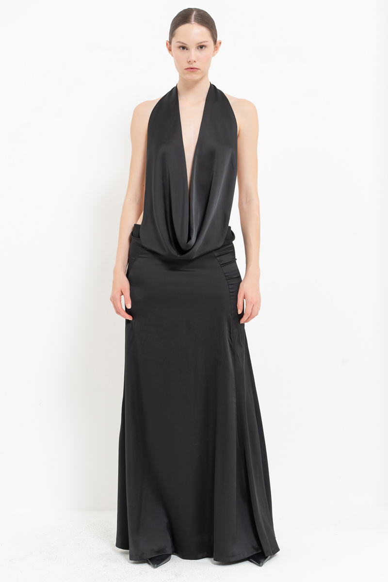 Black Backless Satin Maxi Dress