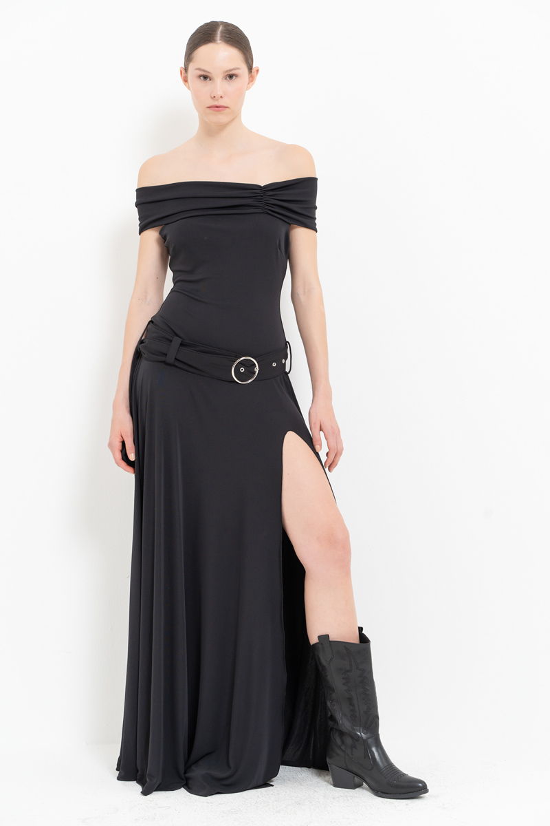 Black Off-the-Shoulder Belt-Accent Maxi Dress