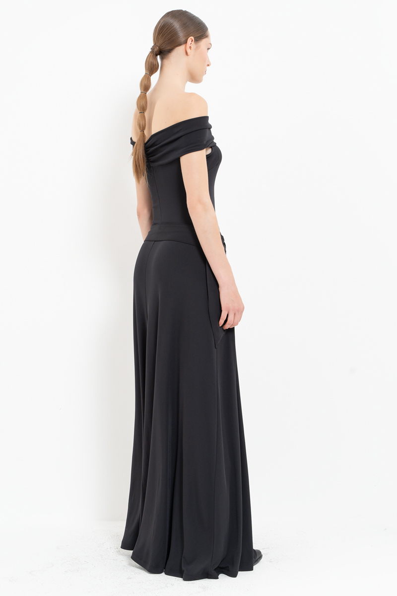 Black Off-the-Shoulder Belt-Accent Maxi Dress