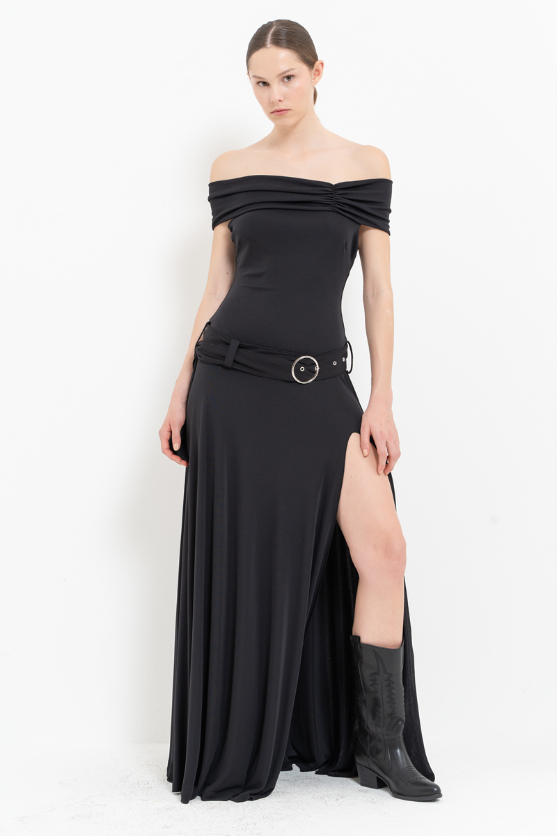 Black Off-the-Shoulder Belt-Accent Maxi Dress