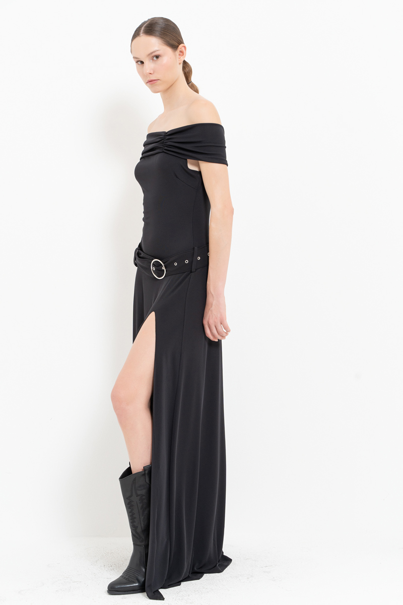 Black Off-the-Shoulder Belt-Accent Maxi Dress