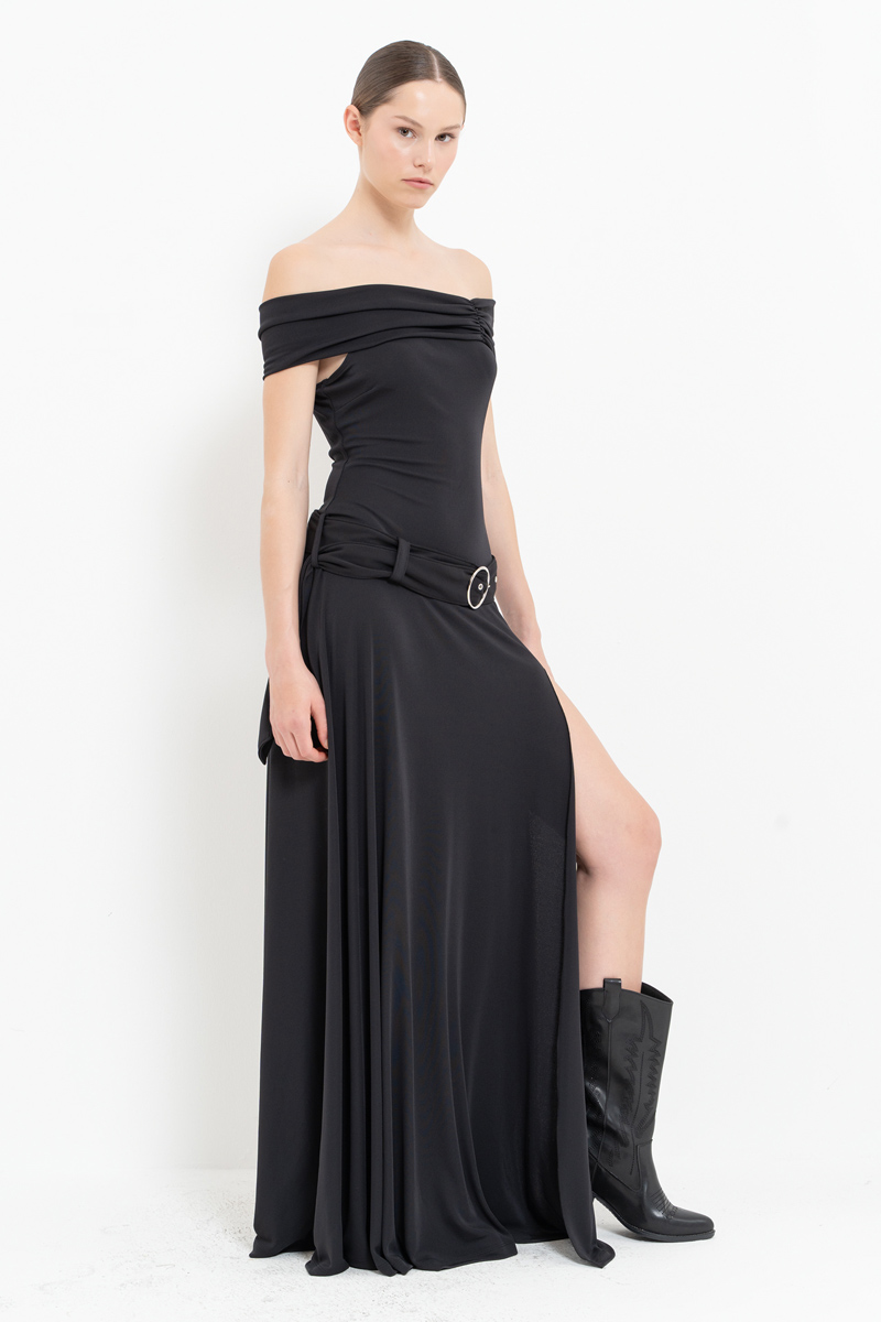 Black Off-the-Shoulder Belt-Accent Maxi Dress