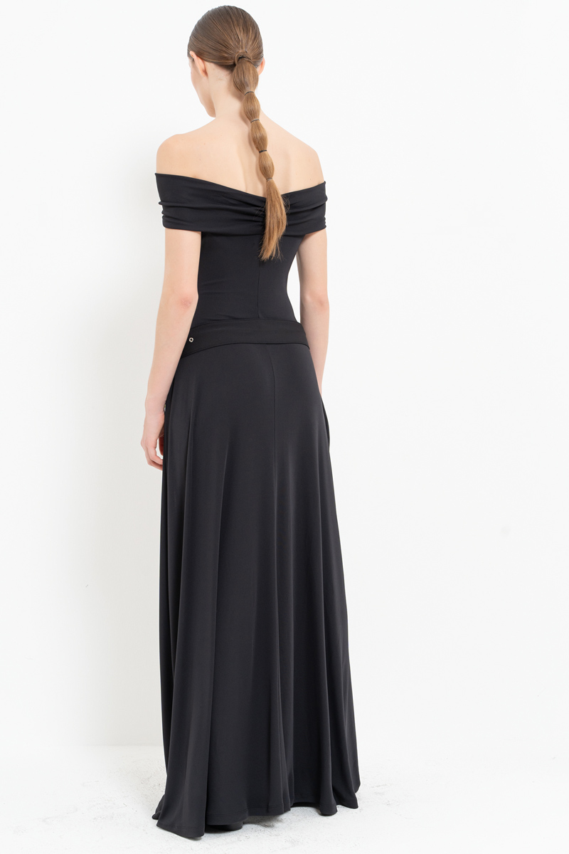 Black Off-the-Shoulder Belt-Accent Maxi Dress