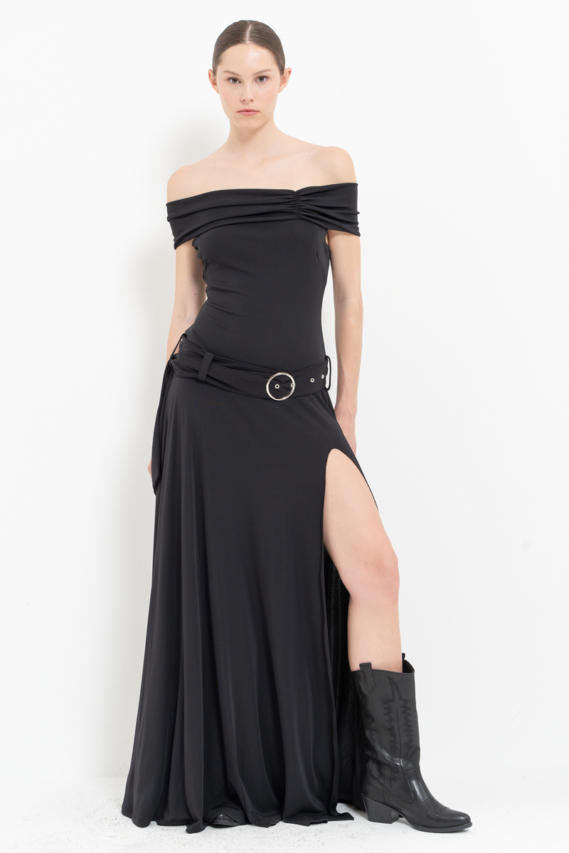 Black Off-the-Shoulder Belt-Accent Maxi Dress