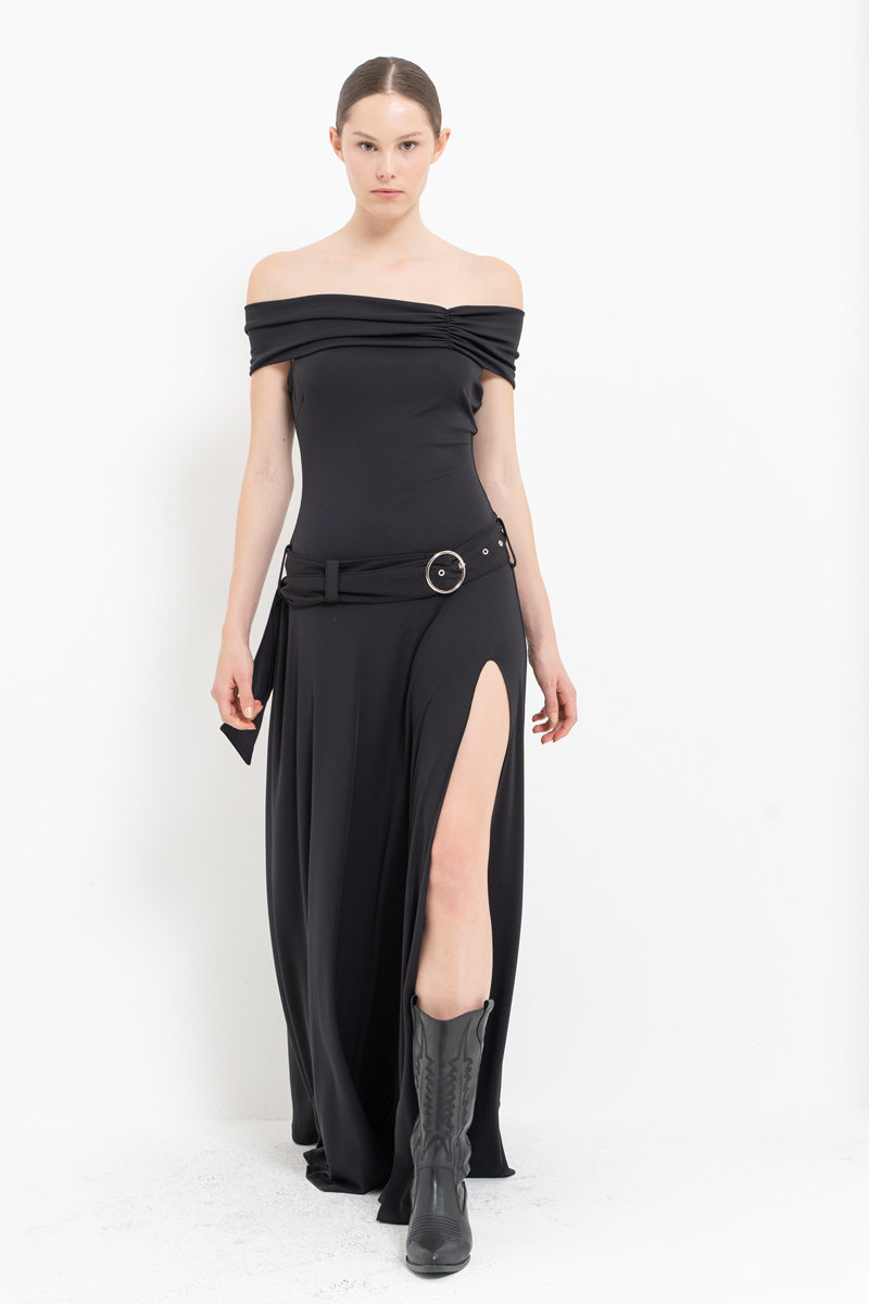 Black Off-the-Shoulder Belt-Accent Maxi Dress