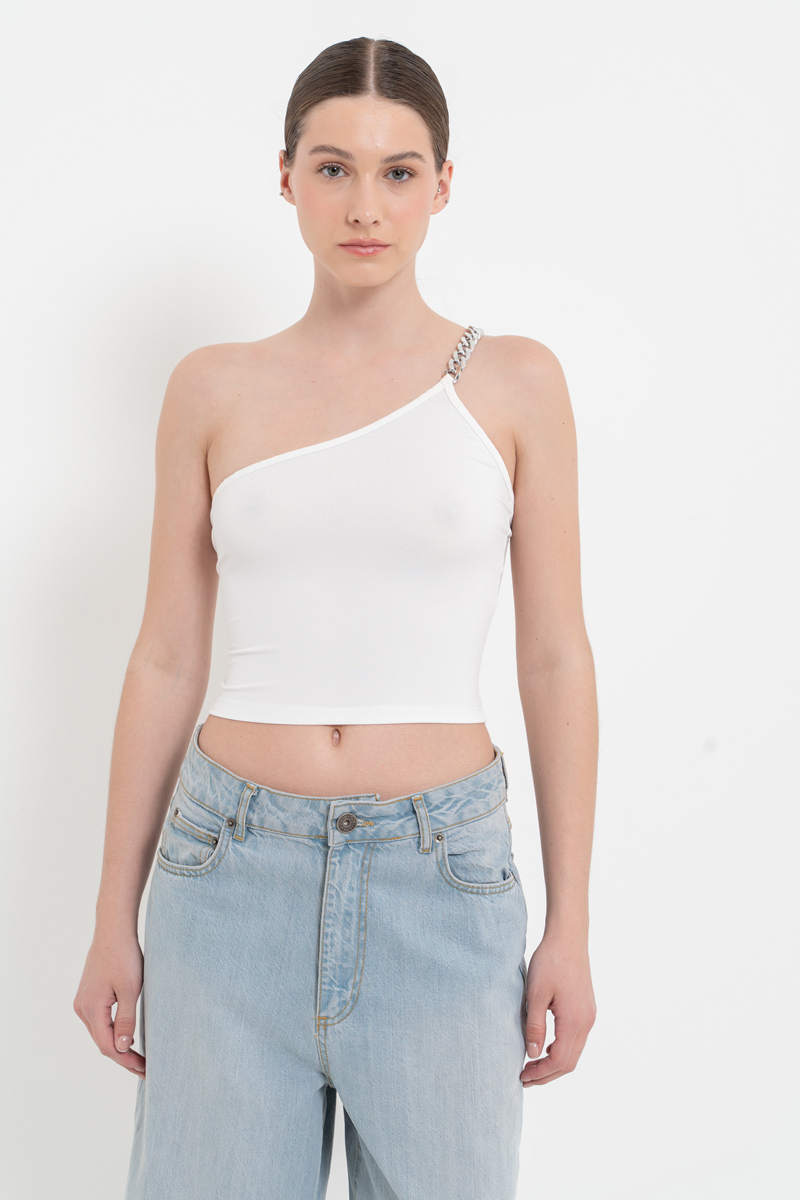 Wholesale Offwhite Chain-Strap One-Shoulder Top