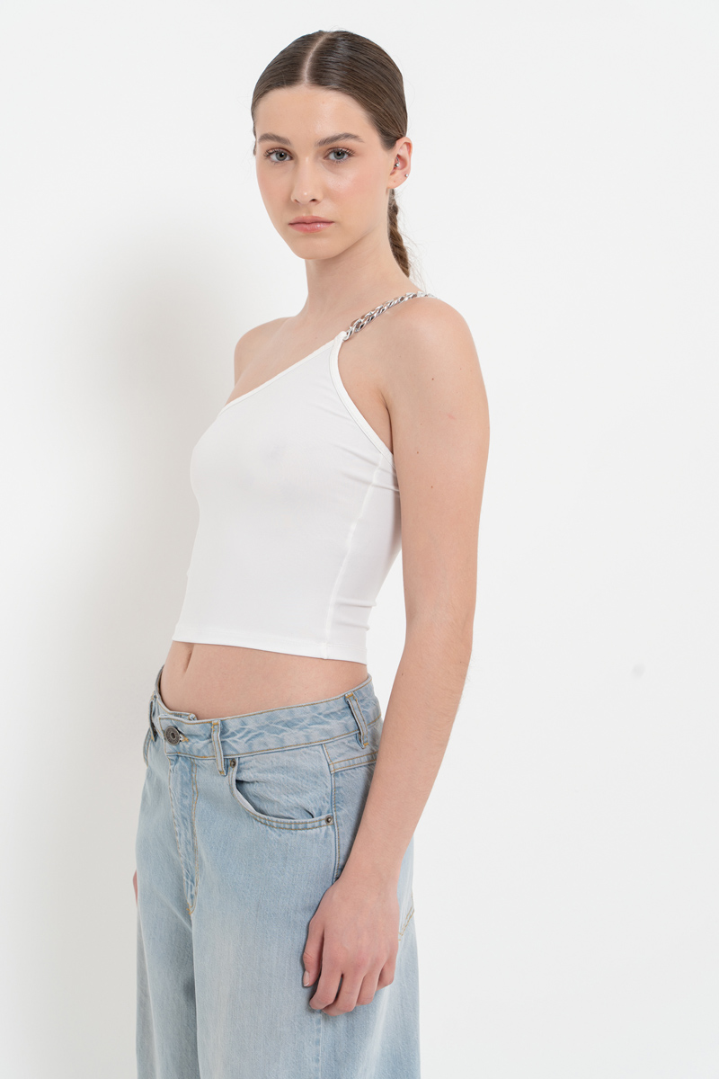 Wholesale Offwhite Chain-Strap One-Shoulder Top