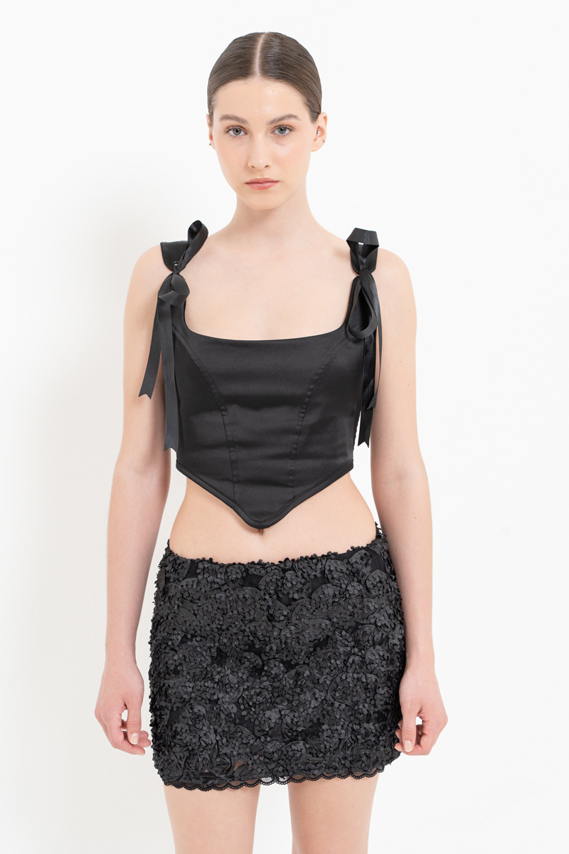 Black Tie-Accent Satin Bustier