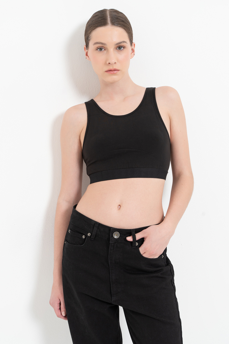 Sleeveless Scoop Neck Wide Strap Crop Black Top