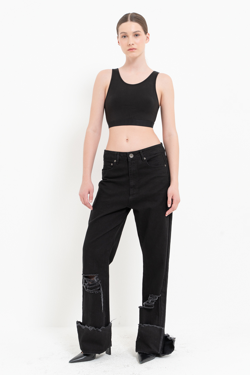 Sleeveless Scoop Neck Wide Strap Crop Black Top