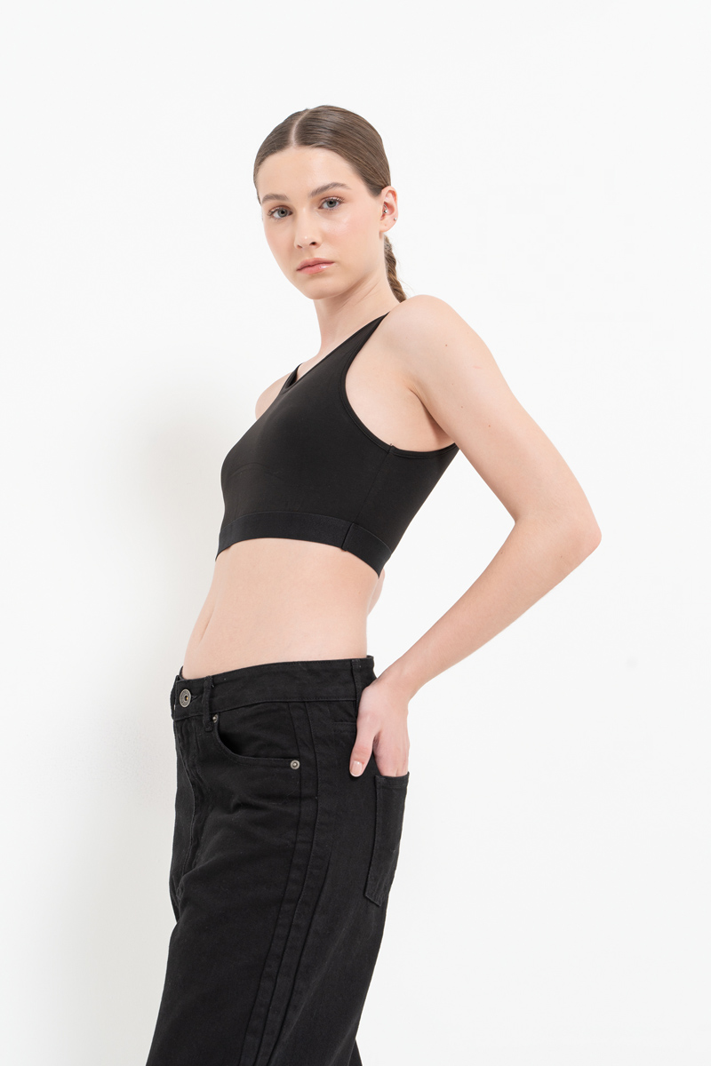 Sleeveless Scoop Neck Wide Strap Crop Black Top