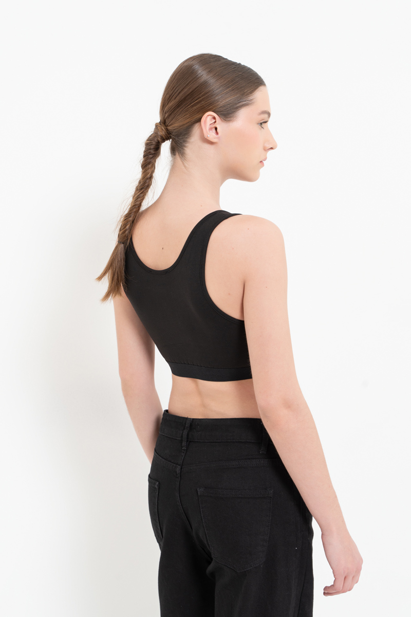 Sleeveless Scoop Neck Wide Strap Crop Black Top