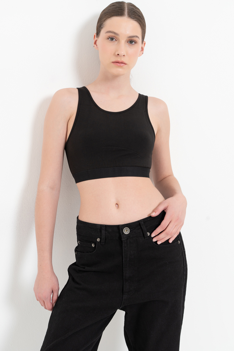 Sleeveless Scoop Neck Wide Strap Crop Black Top